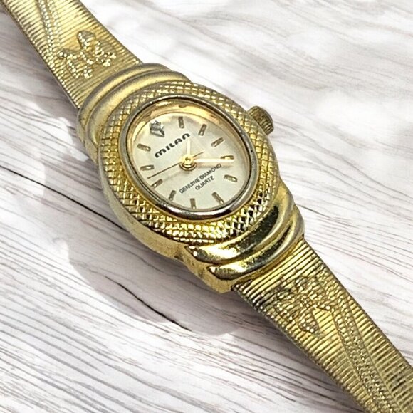 Milan Womens Gold-Tone Quartz Watch With Genuine Diamond Accent & Textured Metal - Picture 6 of 10